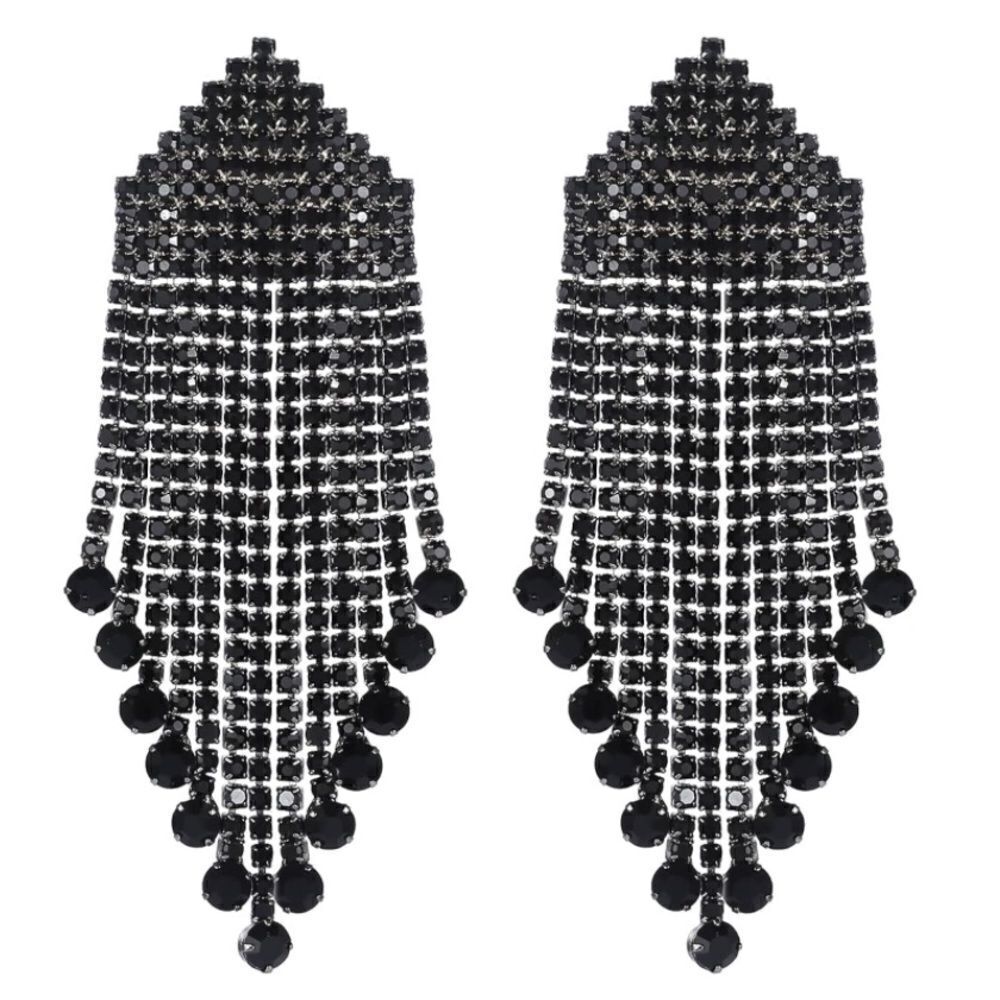 Gun Metal Black with Black Onyx Crystal Dangling Tassel Drop Post Back Earrings